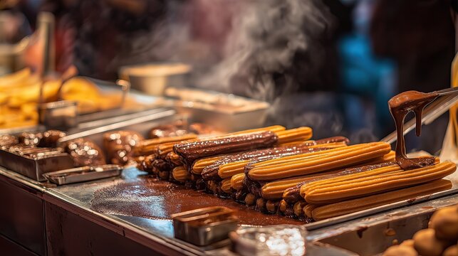 Fototapeta Glazed churros dipped in thick chocolate, Spanish street vendor aesthetic.