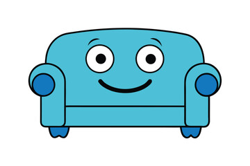 Vector art of a delightful blue sofa with a smiling face, , brings a sense of calm and happiness to any living space, inviting relaxation and comfort