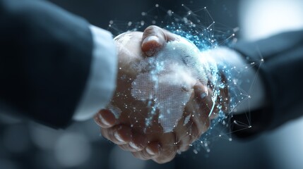 Global partnership handshake connecting markets with digital networks and a glowing globe representation