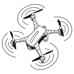 Black and white drone with propellers flying quadcopter