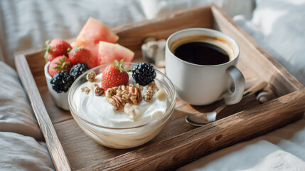 Wooden tray with breakfast of Greek yogurt topped with berries and nuts, fresh fruit, and cup of coffee creates cozy morning vibe