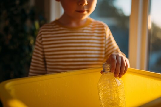 Child recycling plastic bottle into yellow bin at home sustainability education in natural light