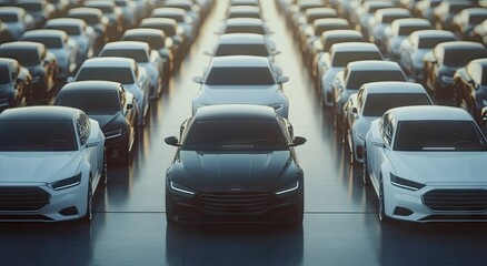Obraz premium Rows of modern cars lined up in a showroom or factory, with a sleek black car in the foreground under bright lighting