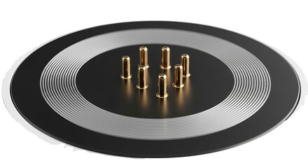 Close-up shot of a round electronic component with several metallic pins protruding from its surface against a neutral background, showcasing intricate details