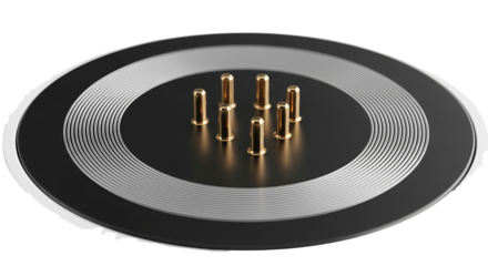 Close-up shot of a round electronic component with several metallic pins protruding from its surface against a neutral background, showcasing intricate details