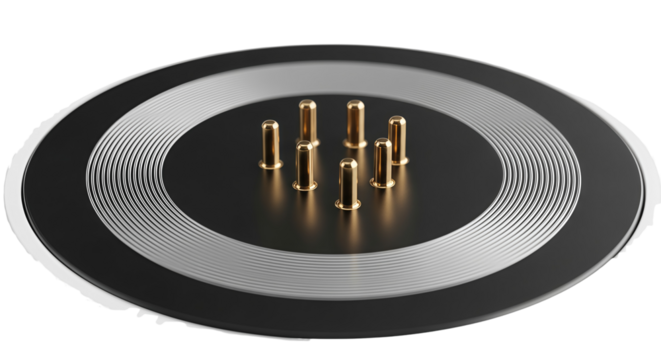 Close-up shot of a round electronic component with several metallic pins protruding from its surface against a neutral background, showcasing intricate details