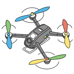 Cartoon drone with colorful propellers on white quadcopter