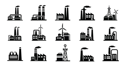 Vector illustration of set of fifteen different industrial factory and plant buildings, representing various manufacturing and production facilities