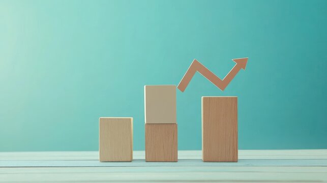 Wooden blocks graph rising, growth concept, blue background, business success