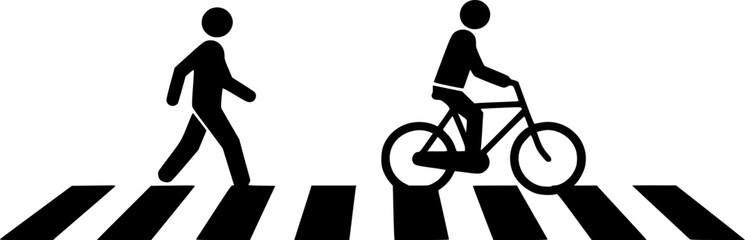 Pedestrian and Bicycle Crossing: A simple yet powerful icon representing a person walking and pushing a bicycle across a crosswalk. Emphasize safe pedestrian and cyclist interaction	