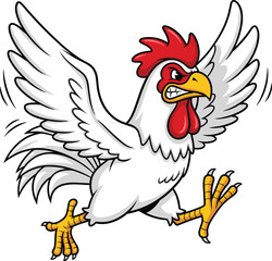 Angry cartoon chicken, aggressive pose, red comb, expressive face, dynamic motion, farm animal character, humorous artwork, bold design, running bird