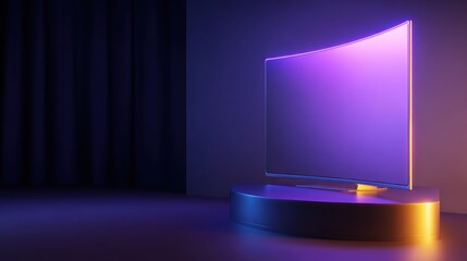 Modern curved television with vibrant neon lighting on a sleek pedestal in a dimly lit room