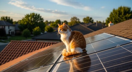 Ginger Tabby Cat Perched on Rooftop Solar Panels Under Golden Hour Sunlight.