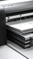 Close-up photo of a printing device with a stack of white papers