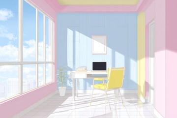 Pastel room with a desk, window, and sunlight. A framed blank picture hangs on blue wall