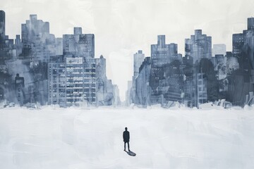 Solitary figure in abstract urban winter landscape