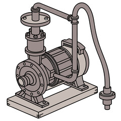 Gray industrial water pump with pipes on white industrial pump