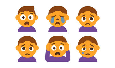 Naklejka premium Flat style emotional faces: expressions of sadness, fear, and worry in cartoon style