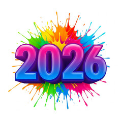 A festive and artistic illustration of the year 2026, featuring bold 3D numbers bursting from a vibrant rainbow colored paint splash