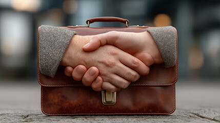 A contract, pen, and briefcase with a handshake deal between two business partners