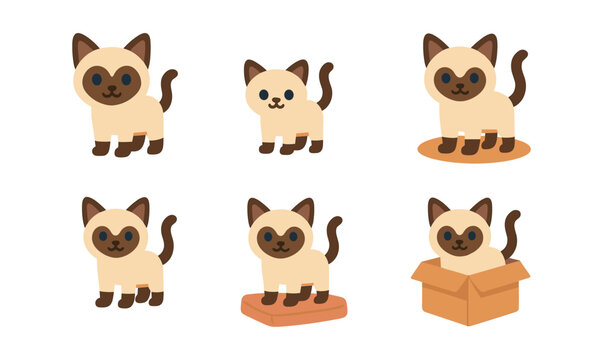 Cute cartoon siamese cats in various poses: playful and adorable pet graphics