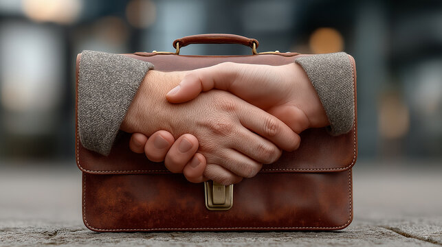 A contract, pen, and briefcase with a handshake deal between two business partners