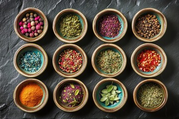 Assorted colorful spices in rustic bowls on slate surface