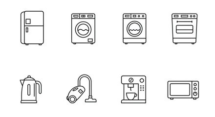 Simple outline illustrations of common household appliances in a white background