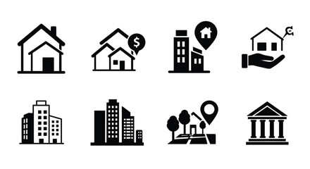 Fototapeta premium Real estate icons depicting homes buildings and property related services