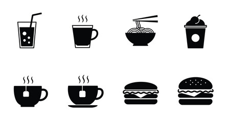 Black and white icons depicting various food and beverage items
