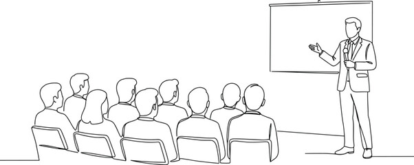 Business presentation illustration, speaker with audience, seminar or training session, professional meeting scene, line art corporate education concept © Nupoor's World