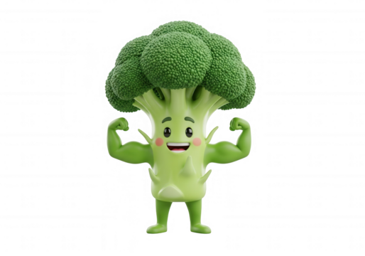 Muscular broccoli character flexing isolated on a transparent background