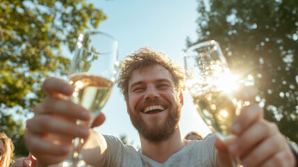 Joyful man is raising two glasses of sparkling beverage, celebrating with friends in sunny outdoor setting. atmosphere is filled with laughter and cheer, capturing moment of happiness