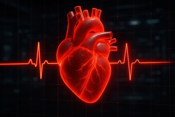 Anatomical Heart: A visually striking depiction of a human heart illuminated in radiant red against a dark backdrop, accented by a rhythmic heartbeat line.