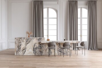 Elegant kitchen with marble island, tall windows, grey curtains, and modern bar stools