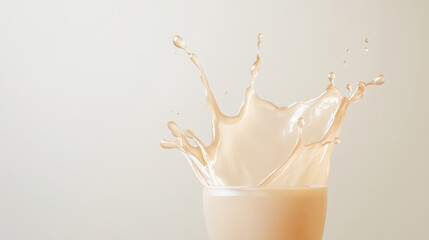 Stunning splash of creamy liquid erupts from glass, creating dynamic and visually appealing scene. soft background enhances focus on fluid motion, evoking sense of freshness and vitality