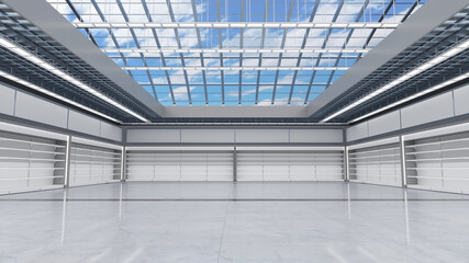 Large empty commercial space with empty shelves along the walls and clear roof overlooking the blue cloudy sky. 3d illustration