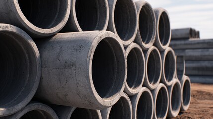 Stacked concrete pipes at a construction site under a clear blue sky with machinery in the background