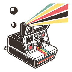 Fototapeta premium Retro instant camera with colorful light beams and bubbles