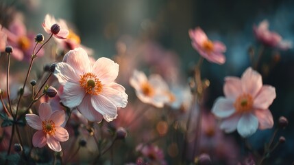 A dreamlike view of Japanese anemones blooming in the fading sunlight