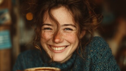 Radiant joy: a freckled woman's infectious smile capturing pure happiness