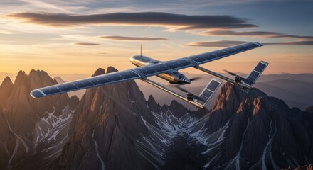 Solar-Powered Drone Soaring Over Rugged Mountain Peaks at Sunset, Aerial View.