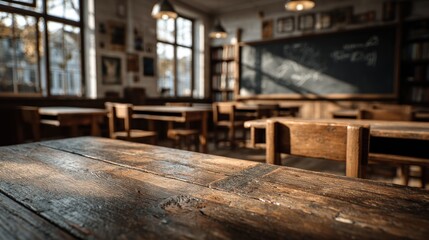 Rustic Classroom Interior: Vintage Wooden Desks and Blackboard Ambiance
