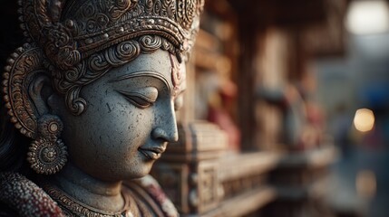 Serene Stone Sculpture Depicting an Ancient Deity in Intricate Detail