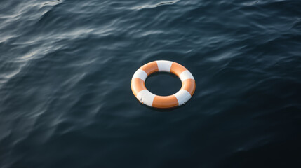 Life preserver floats calmly on dark, turbulent water, symbolizing safety and hope amidst uncertainty. Its bright colors stand out against deep blue, creating striking visual contrast