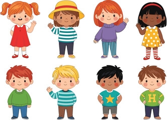 Cartoon children set, diverse outfits, smiling faces, playful characters, colorful illustration, standing poses, educational design, happy kids, character collection