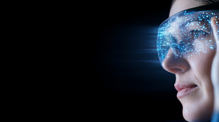 Person using augmented reality glasses, showcasing futuristic interface with digital elements. glasses reflect high tech environment, emphasizing innovation and technology