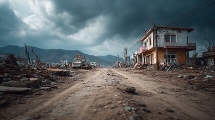 Devastated street post calamity, remnants of community, heavy clouds
