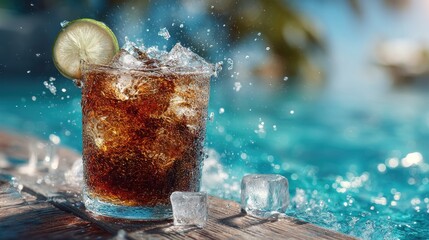 Refreshing fizzy cola drink with ice and lime beside clear blue water