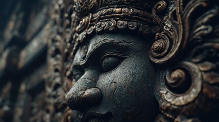 Ancient guardian sculpture in weathered stone with intricate carvings and detail